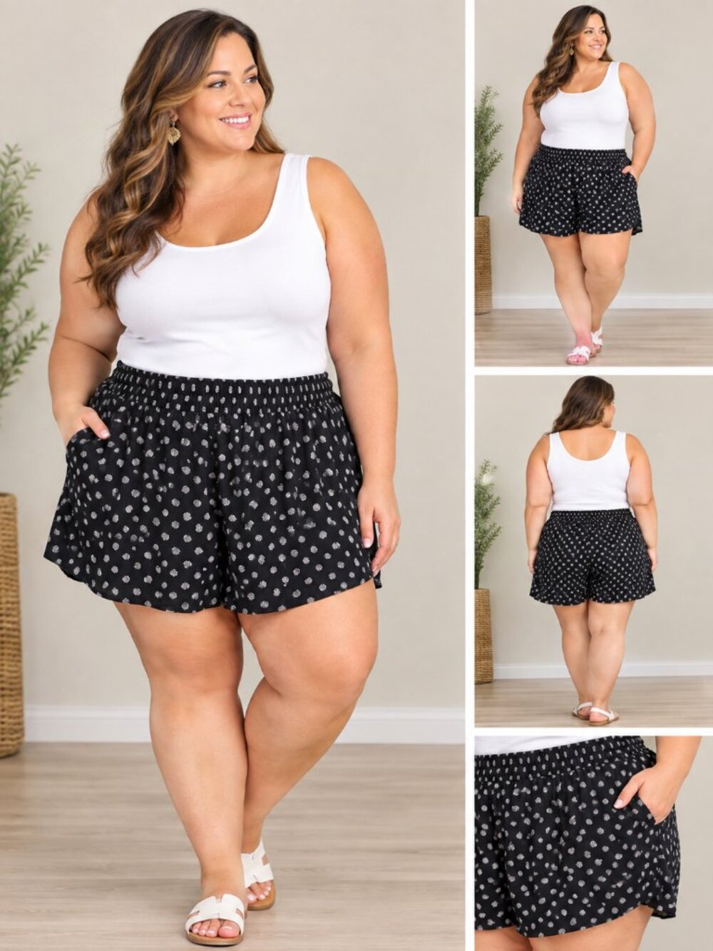 Ava & Viv 2X Linen Blend Swing Shorts Smocked Waist Black White Seashell Design